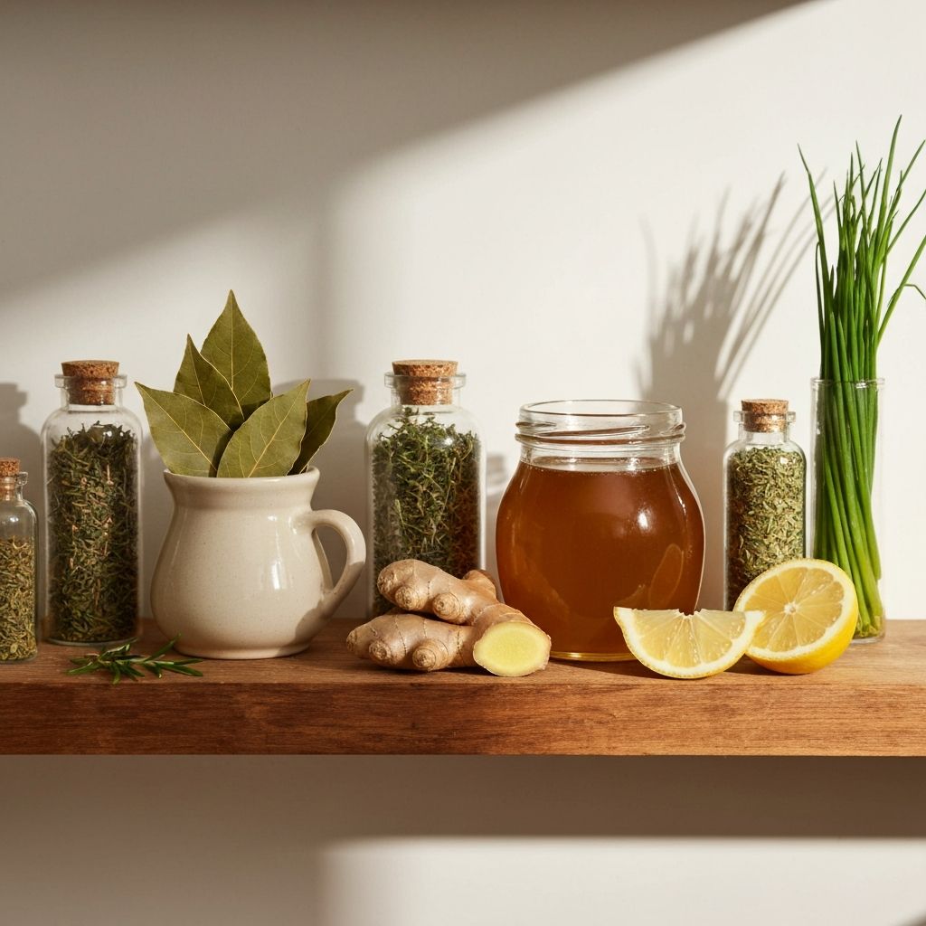 Alte Rezeptbücher und Kräuterbündel auf einem Holztisch, historisches und modernes Ambiente für traditionelle Hausmittel