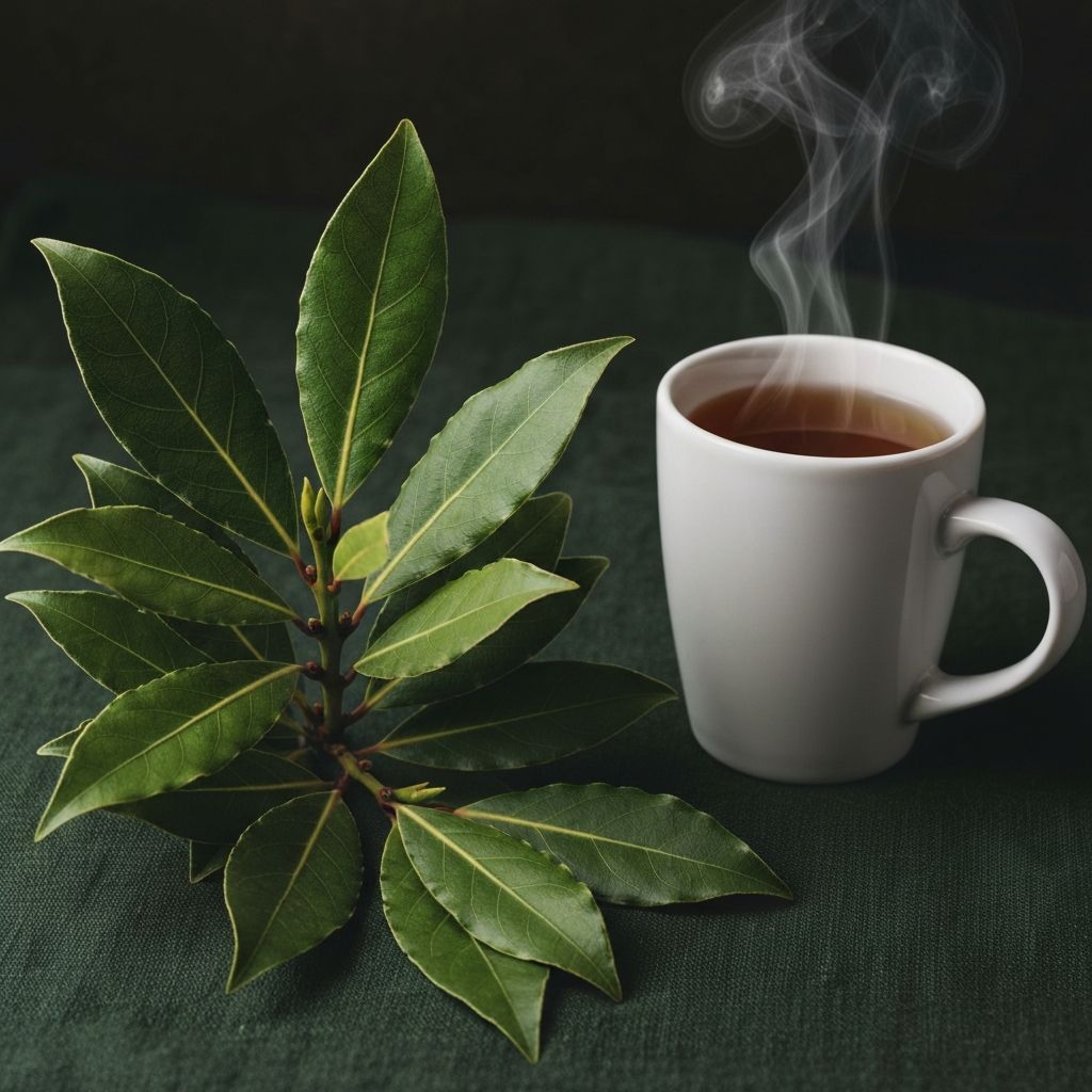 Nahaufnahme frischer und getrockneter Lorbeerblätter auf einem alten Holztisch mit einer Tasse dampfendem Kräutertee daneben