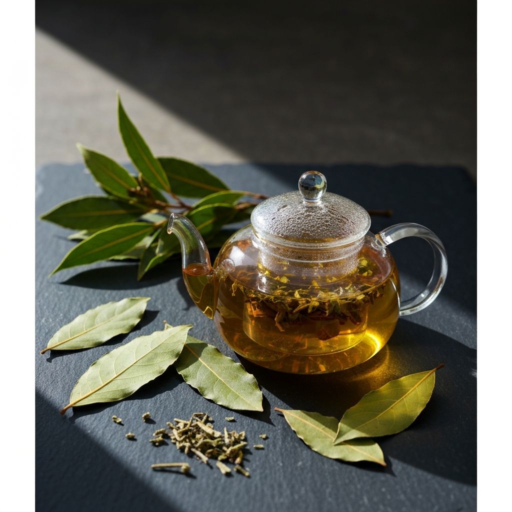 Frisch gebrühter Lorbeertee in einer weißen Tasse mit getrockneten Lorbeerblättern auf einem Holztisch