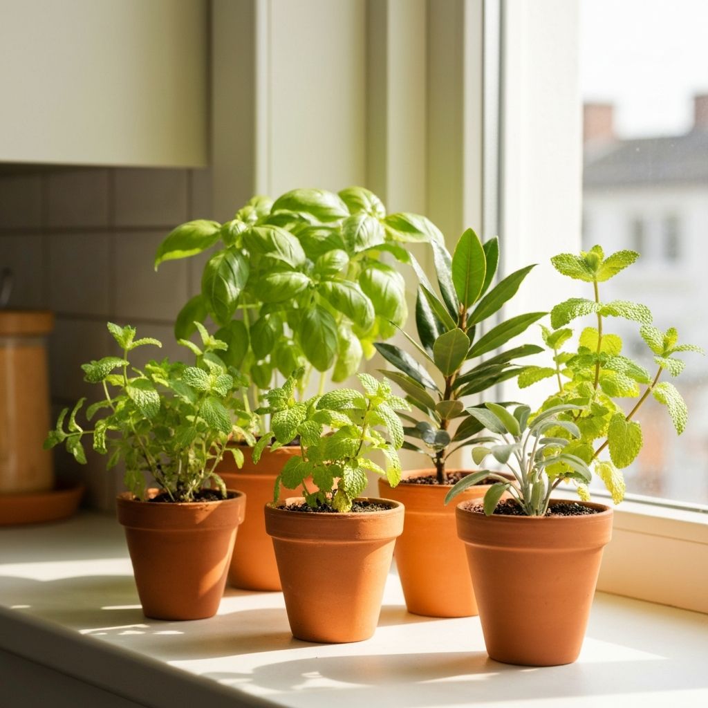 Verschiedene Heilpflanzen und Kräuter in kleinen Gläsern auf einem weißen Küchentisch im Tageslicht