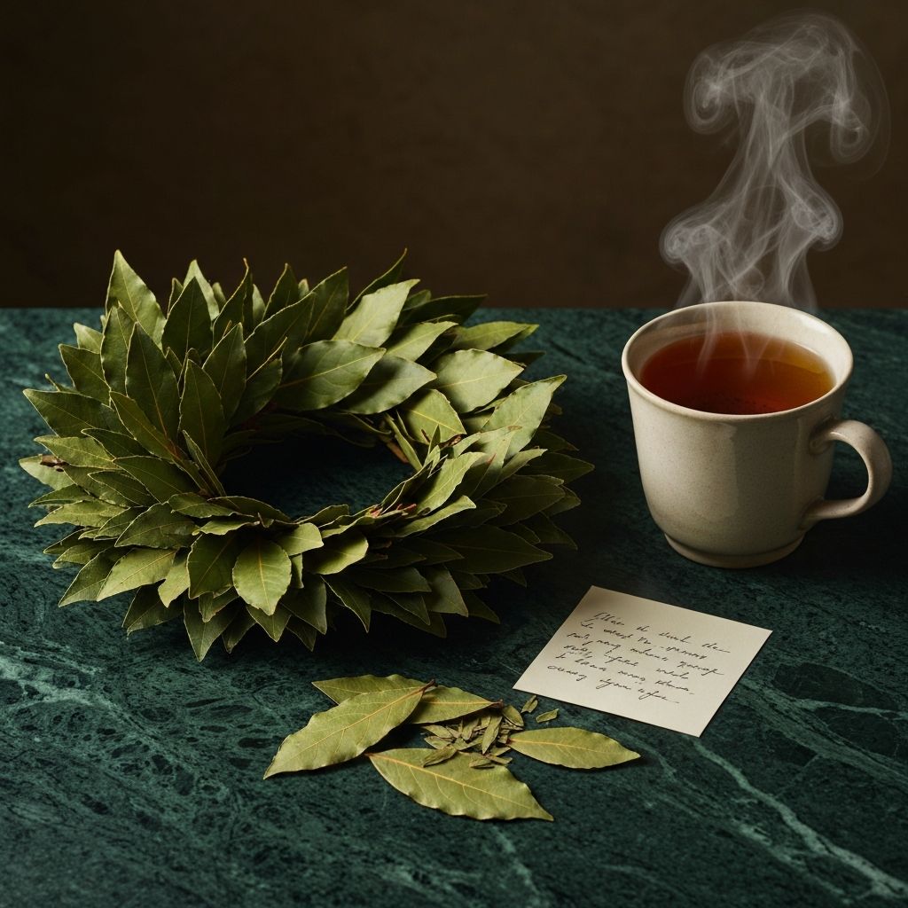 Eine Keramiktasse mit goldgelbem Lorbeertee, daneben getrocknete Lorbeerblätter und ein kleines Holzlöffelchen auf einem hellen Leinentuch