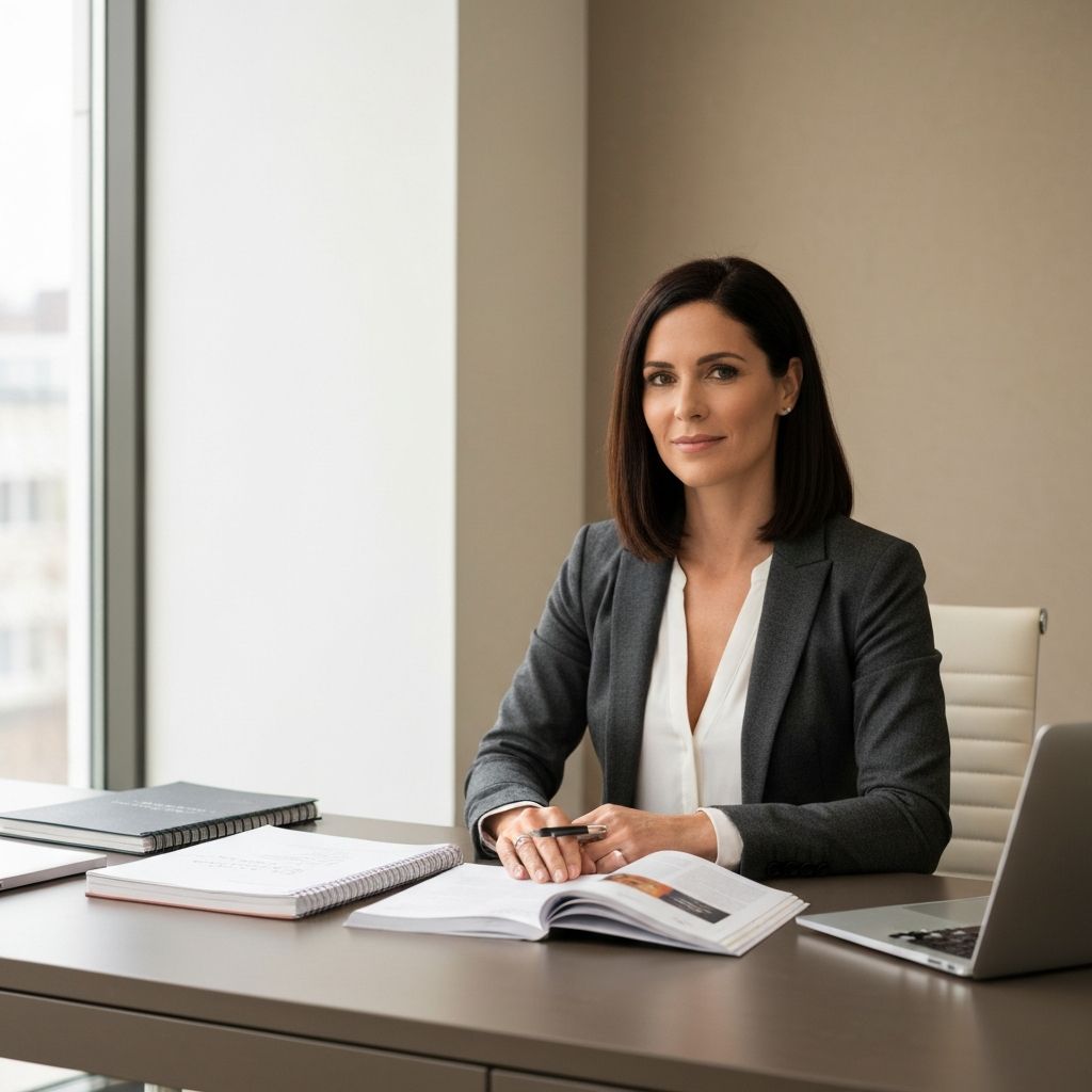 Porträtfoto von Anna Schreiber, Chefredakteurin, vor einem hellen Redaktionsbüro mit Notizblöcken und Fachliteratur