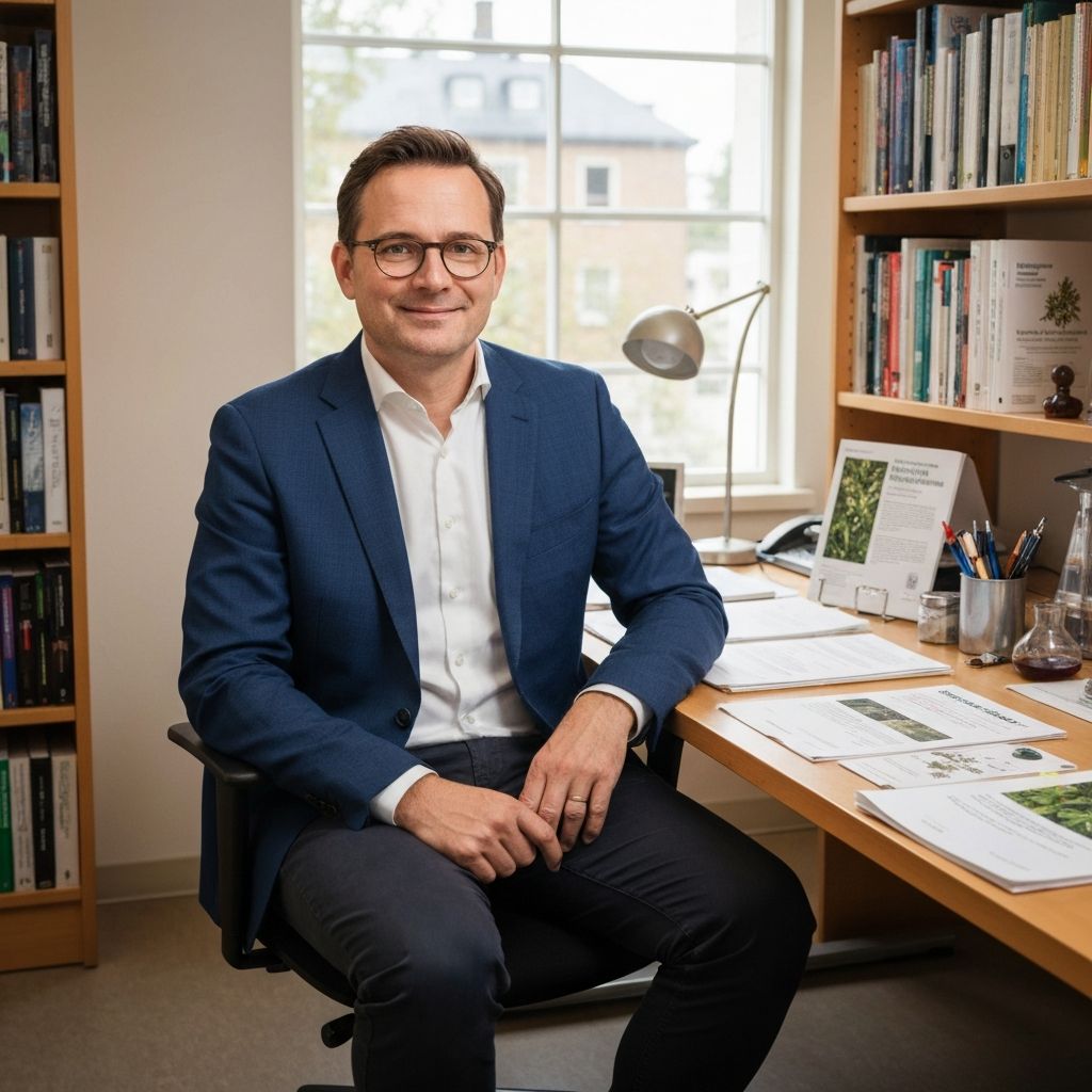 Porträtfoto von Markus Hofmann, Wissenschaftsredakteur, an einem Schreibtisch mit wissenschaftlichen Publikationen